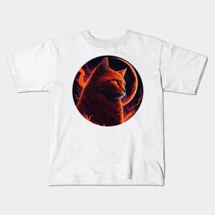 a fiery orange cat next to the crescent moon Kids T-Shirt